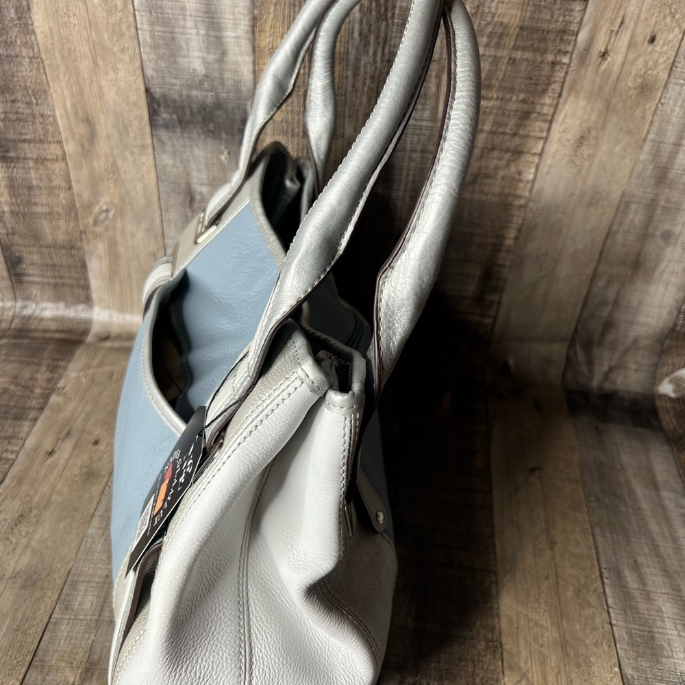 TIGNANELLO Silver Blue Colorblock Leather Satchel Shoulder Bag Belt Accents - Picture 9 of 16
